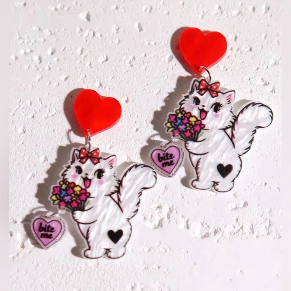 BITE ME BABY 💘 Acrylic Sassy Kitty Cat Statement Earrings - Picture 6 of 10